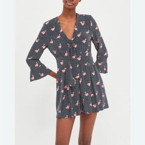 Zara Black and Pink Flamingos Birds Animals Romper. Pleated, Tie In Front Sz.xS - Picture 1 of 3